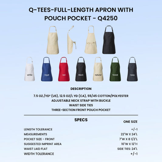 Q-Tees Q4250 full-length apron colors, measurements, and imprint area