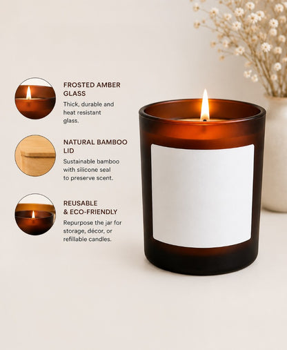 Frosted amber candle jar with custom label area and bamboo lid