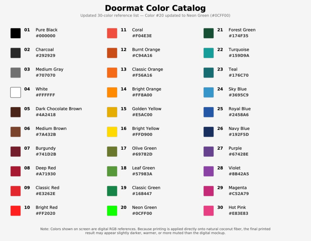 Doormat 30-color print catalog with hex codes
