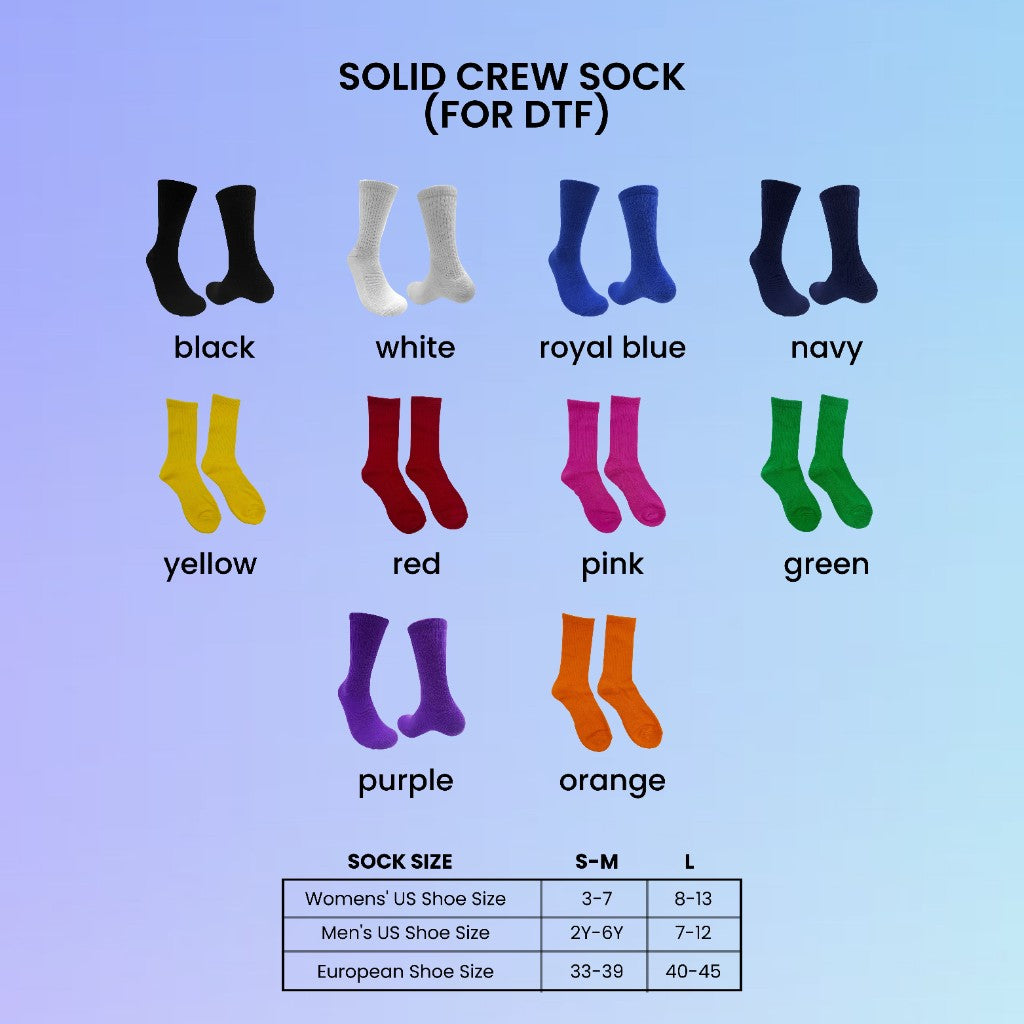 DTF crew socks in 10 solid colors with size guide