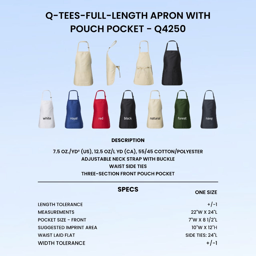 Q-Tees Q4250 full-length apron colors, measurements, and imprint area