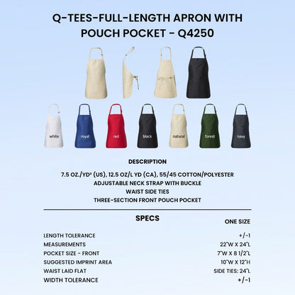 Q-Tees Q4250 full-length apron colors, measurements, and imprint area